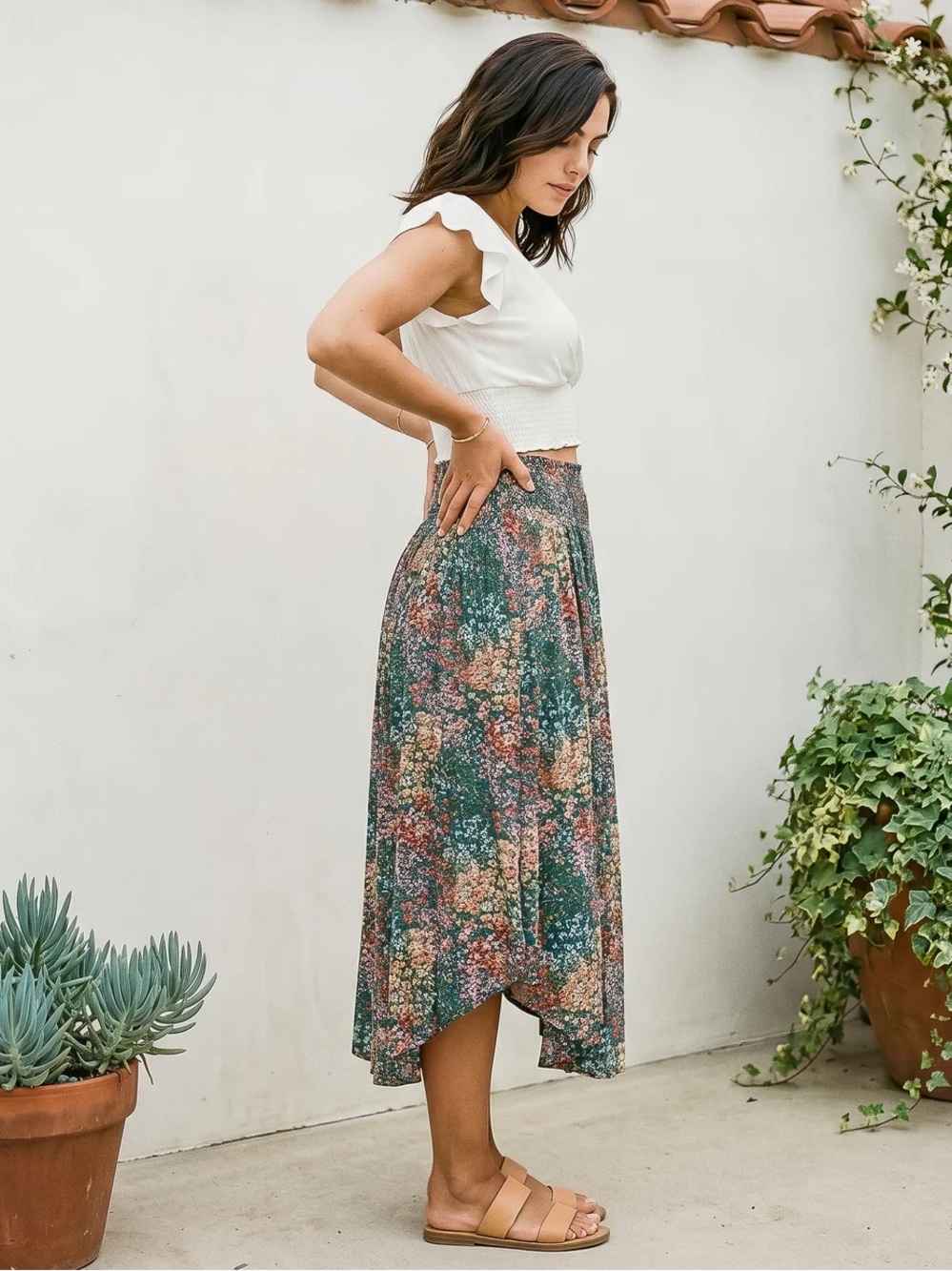 SOZY viral MIA midi skirt in teal ditsy floral print - Size S - Picture 2 of 11